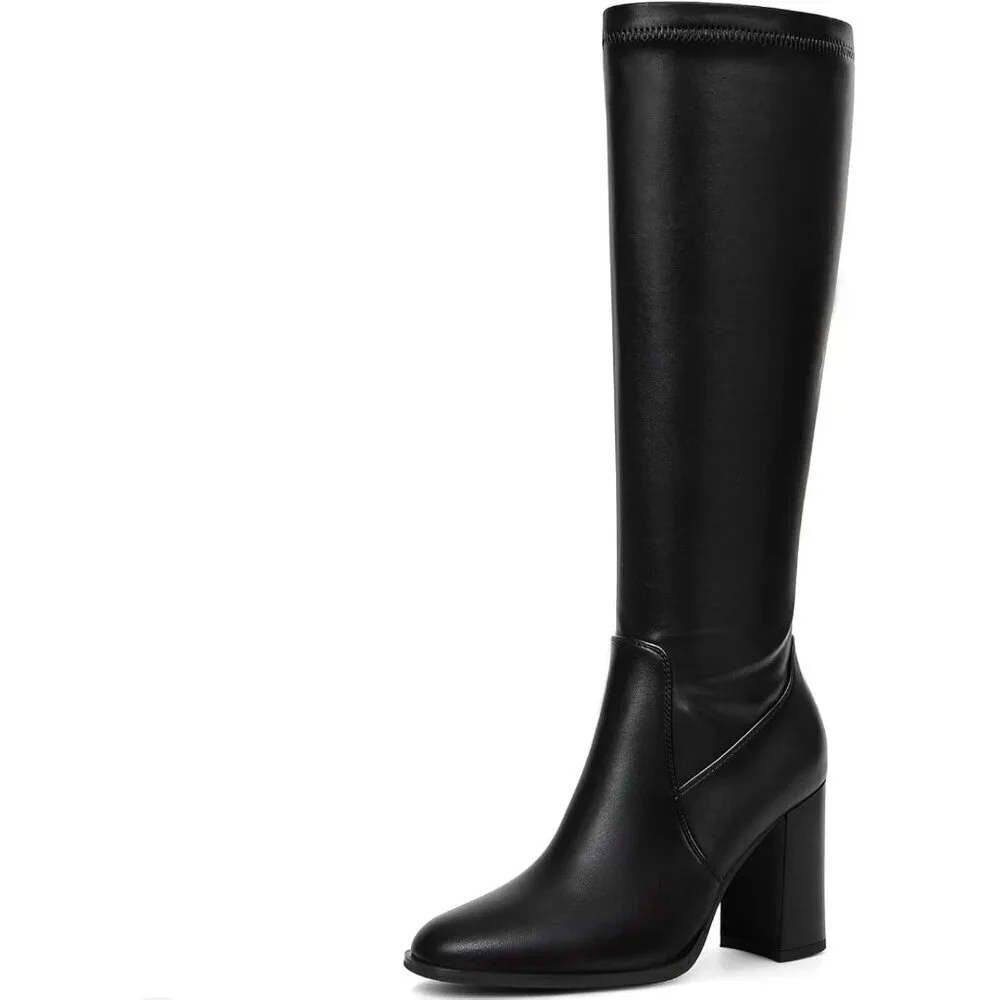 Women's Stretchy Black Knee High Boots Round Toe Side Zip Chunky Heel Rubber